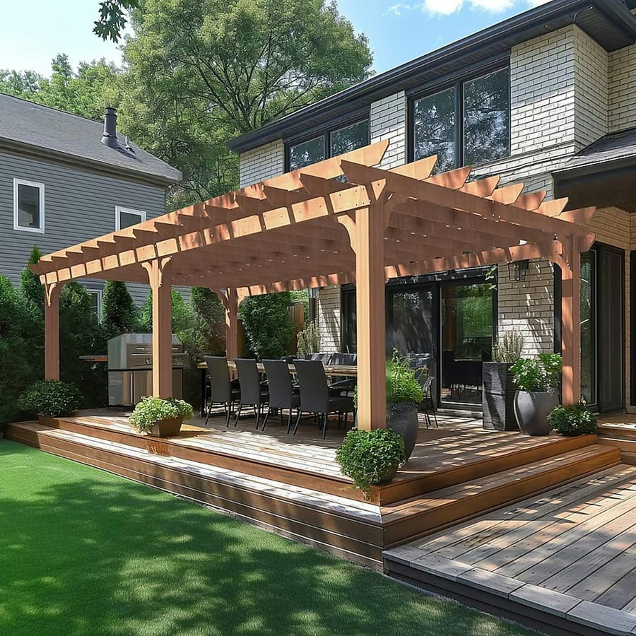 A wooden pergola over a deck and patio dining area